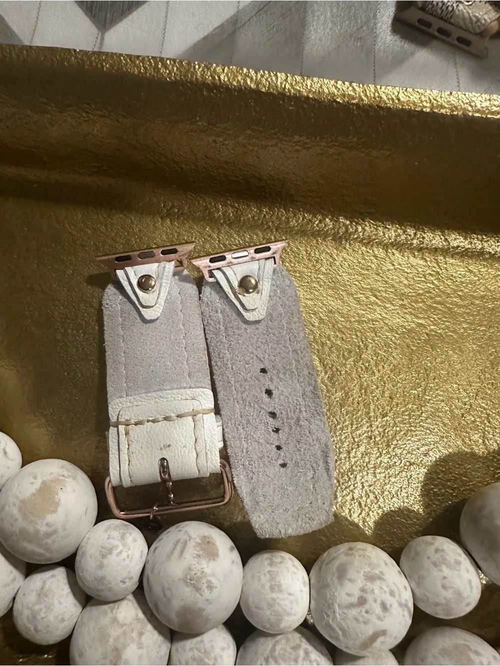White Leather Apple Watch band with Rose Gold Buckle